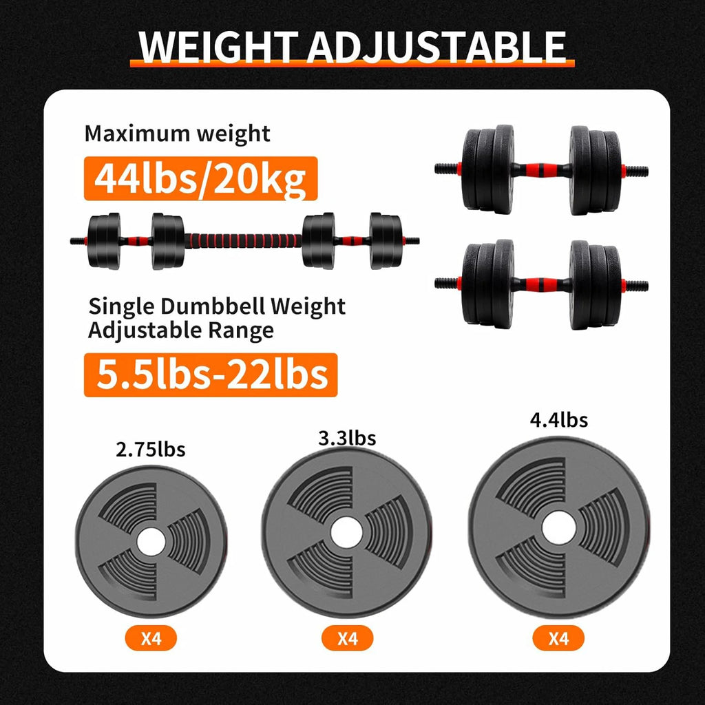 5-44lbs Adjustable Dumbbell to Barbell Set, Anti-Slip Grip