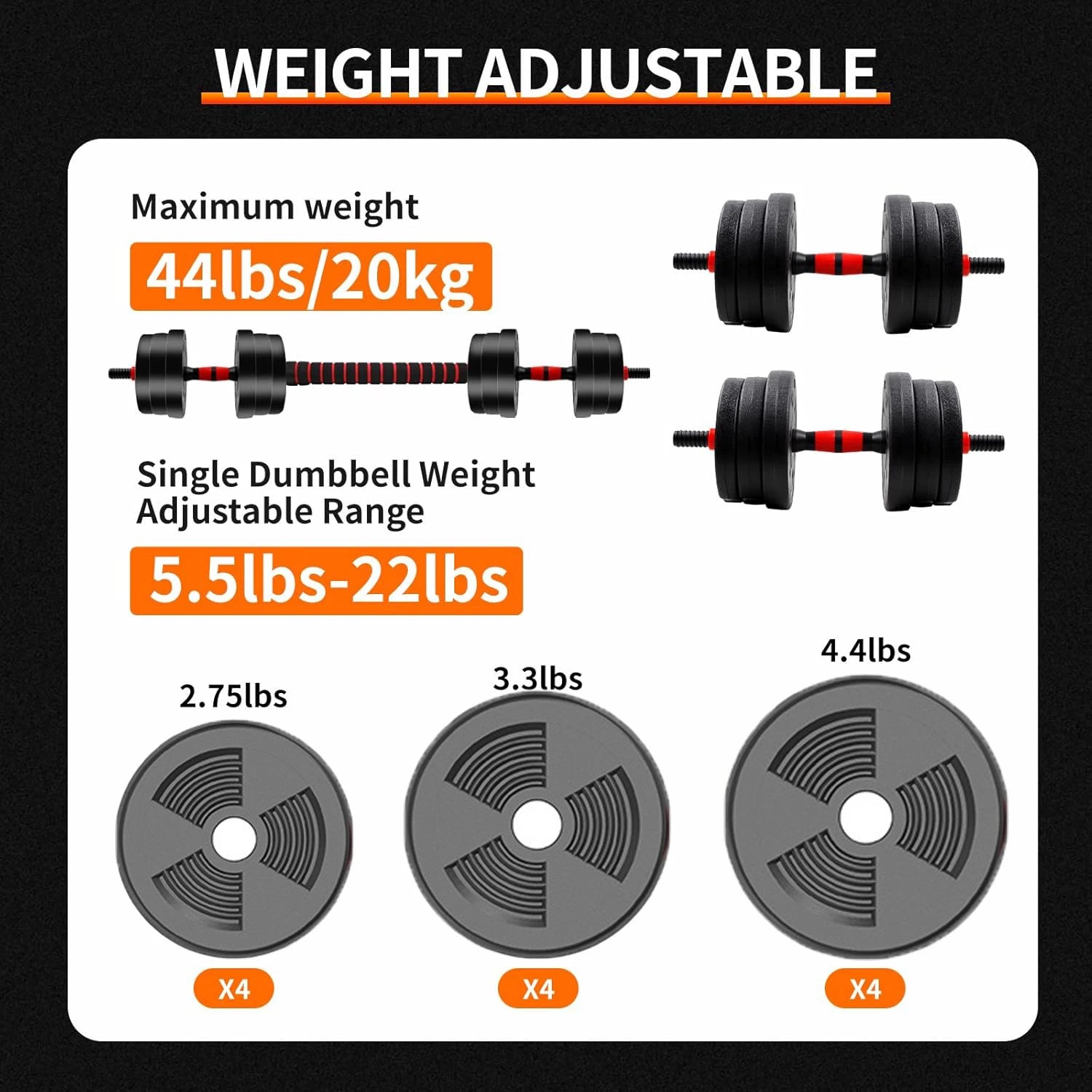 5-44lbs Adjustable Dumbbell to Barbell Set, Anti-Slip Grip