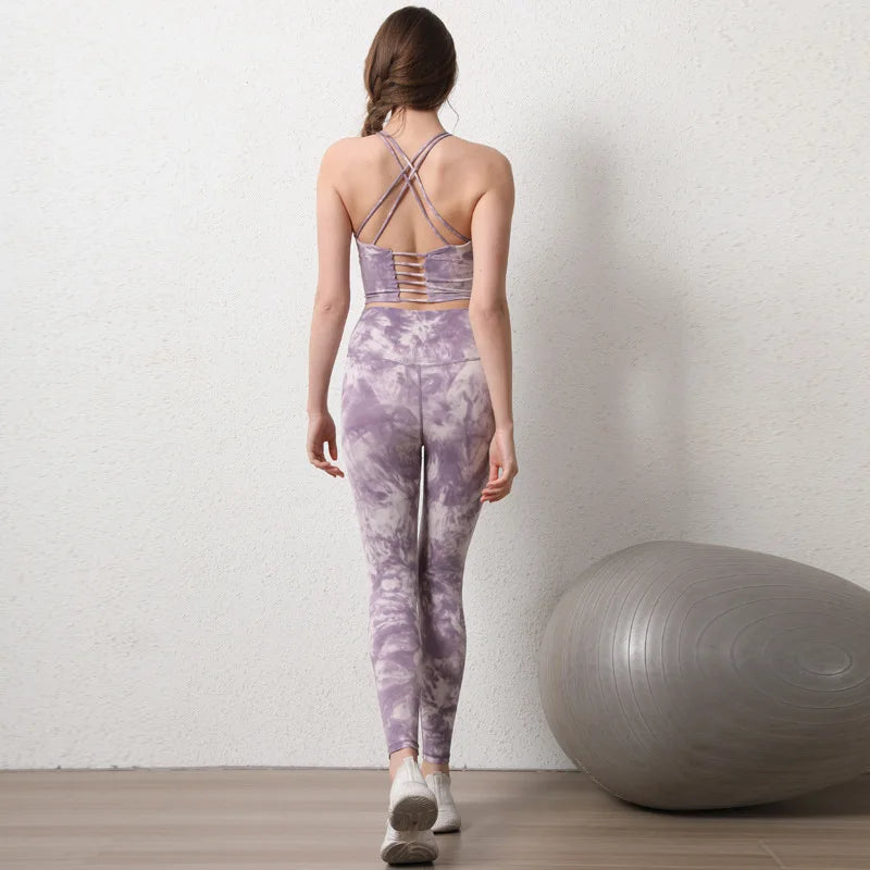 Women's High-Waist Hip-Lifting Seamless Yoga Sets Tie-Dye Workout Gym Leggings with Beauty Back Bra Suits