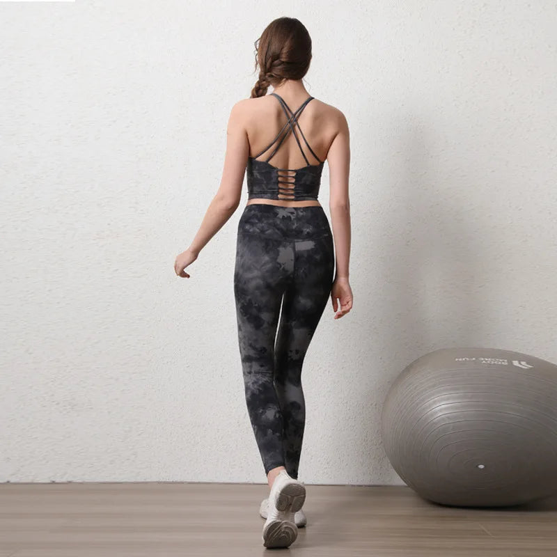 Women's High-Waist Hip-Lifting Seamless Yoga Sets Tie-Dye Workout Gym Leggings with Beauty Back Bra Suits