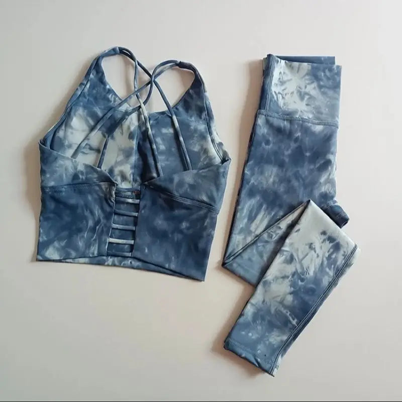 Women's High-Waist Hip-Lifting Seamless Yoga Sets Tie-Dye Workout Gym Leggings with Beauty Back Bra Suits