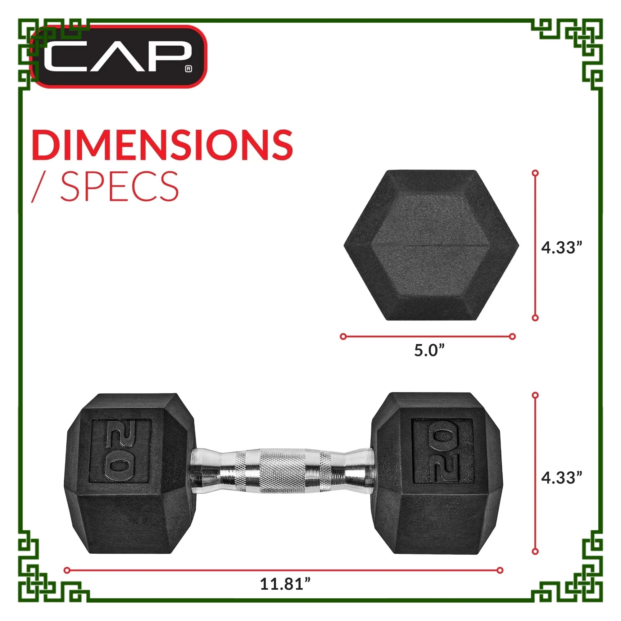 20lb Rubber Hex Dumbbell Pair, Non-Slip & Anti-Roll Design