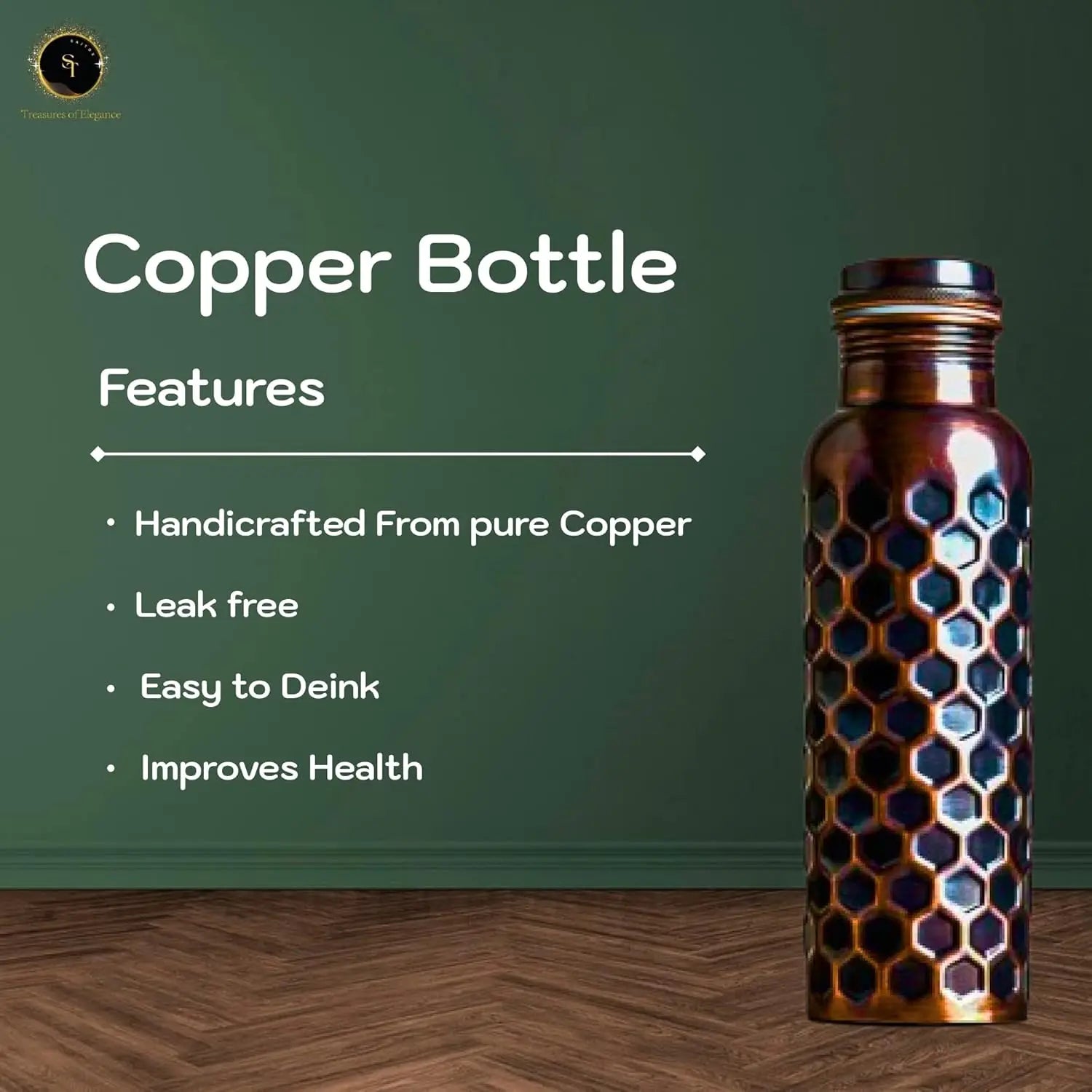 Pure Copper Water Bottle 32oz Antique Black with Lid