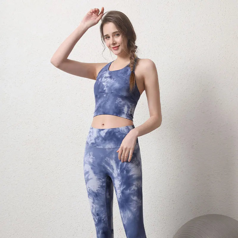 Women's High-Waist Hip-Lifting Seamless Yoga Sets Tie-Dye Workout Gym Leggings with Beauty Back Bra Suits