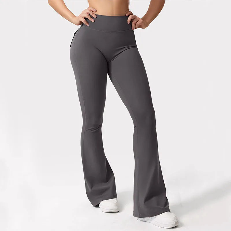 Women's Yoga Flare Trousers, High-Waisted Tummy-Control Outdoor Casual Leggings with Pockets,