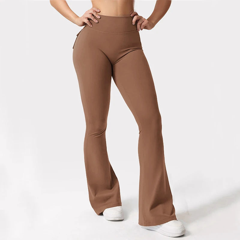 Women's Yoga Flare Trousers, High-Waisted Tummy-Control Outdoor Casual Leggings with Pockets,