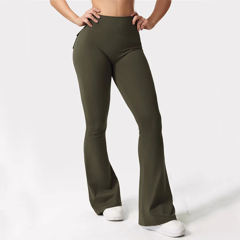 Women's Yoga Flare Trousers, High-Waisted Tummy-Control Outdoor Casual Leggings with Pockets,