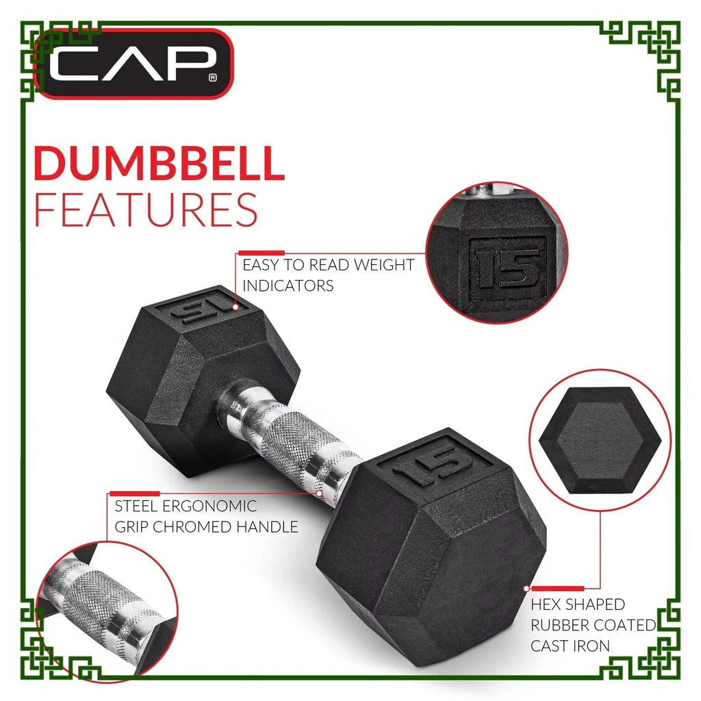 20lb Rubber Hex Dumbbell Pair, Non-Slip & Anti-Roll Design