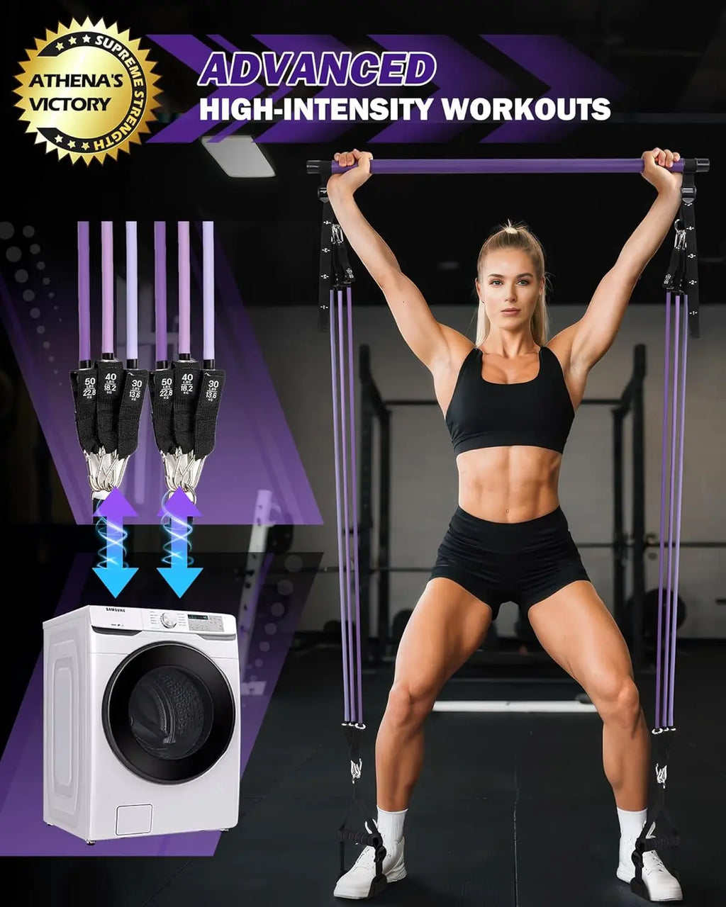 Adjustable Pilates Bar Kit with Resistance Bands for Home Gym, Full-Body Workout