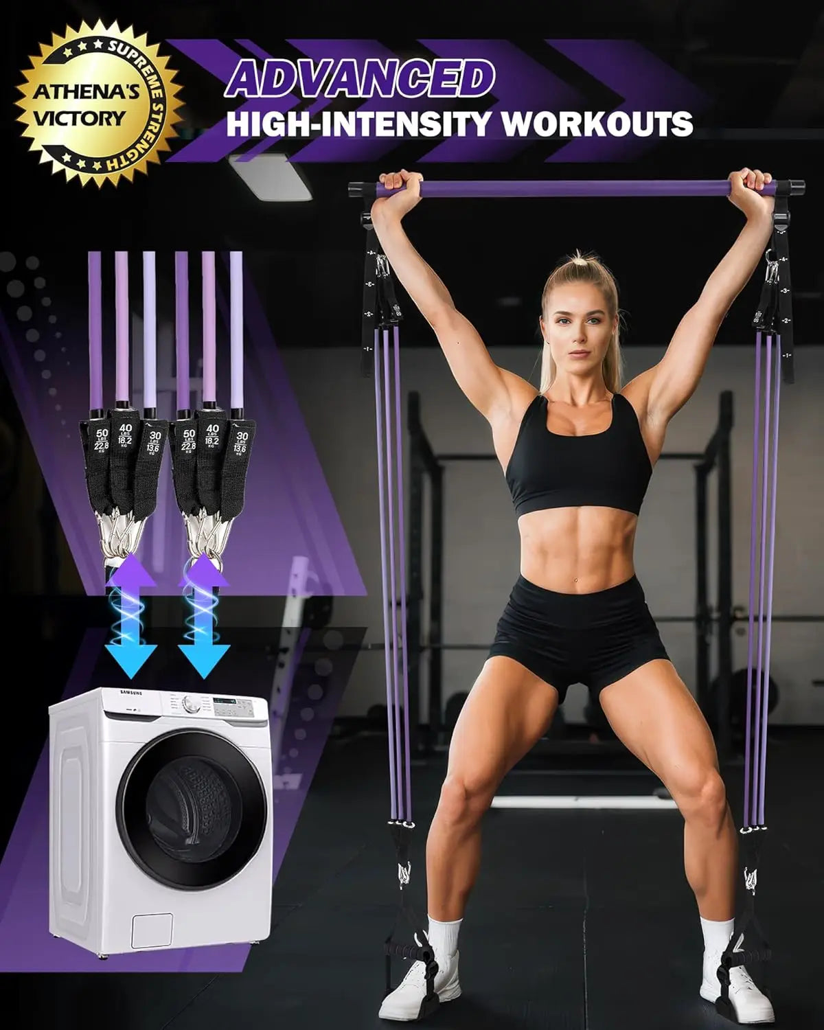 Adjustable Pilates Bar Kit with Resistance Bands for Home Gym, Full-Body Workout