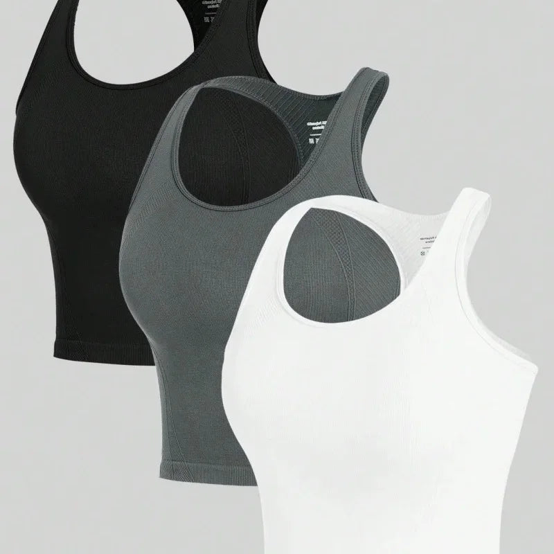 3 Piece Yoga  Crop Tops Seamless Streetwear Rib Knit Workout Breathable