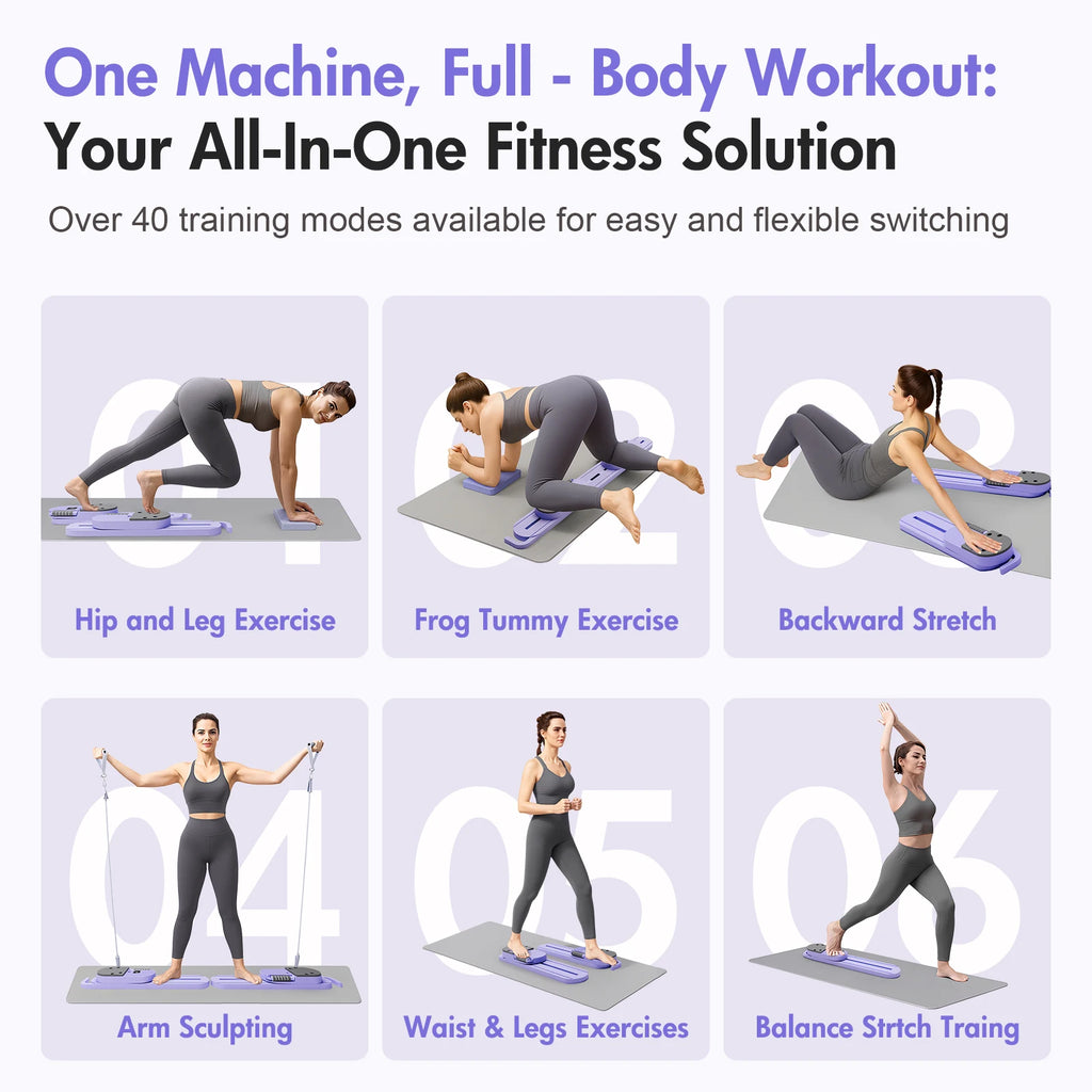 Pilates Reformer Board AB Portable Split Resistance Gym Equipment with Resistance Bands LCD Display Full Body Workout Machine