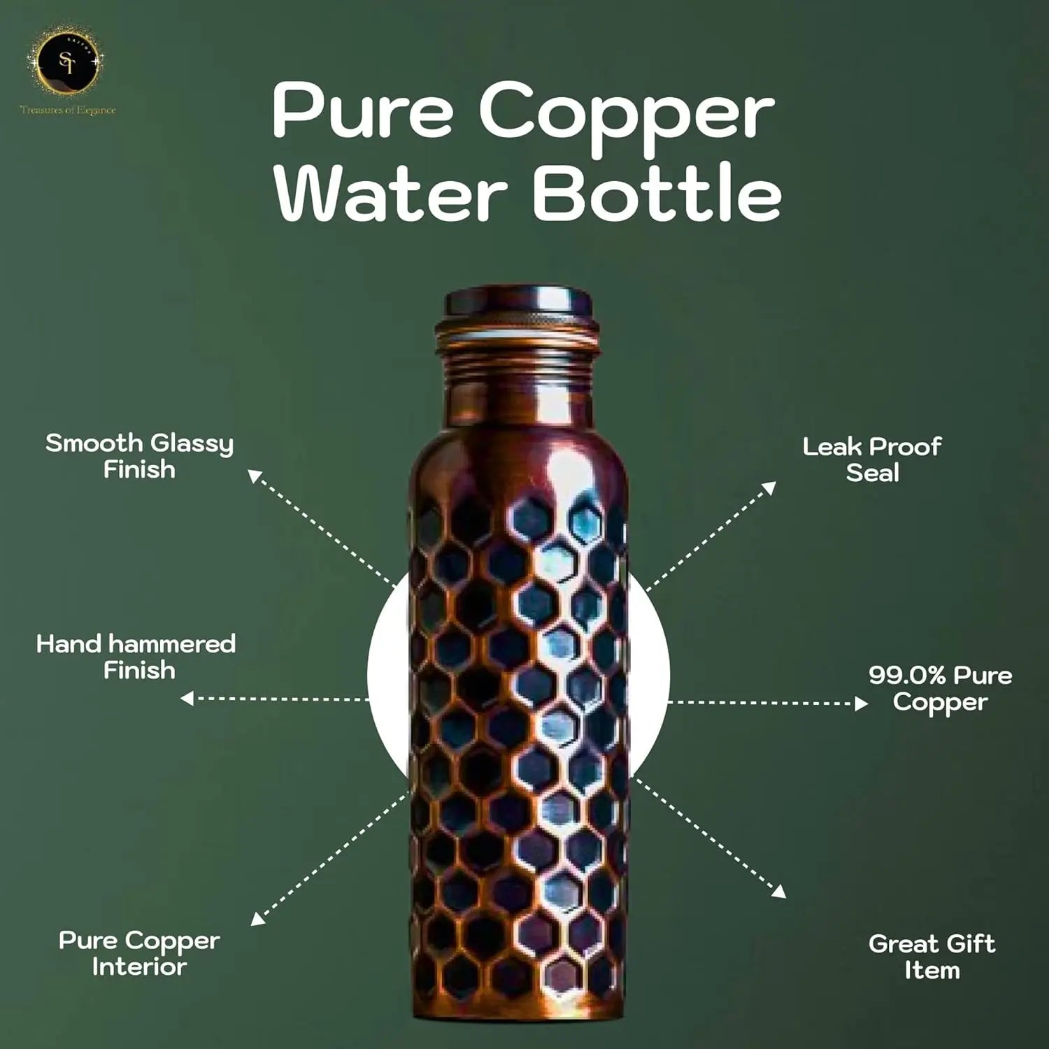 Pure Copper Water Bottle 32oz Antique Black with Lid