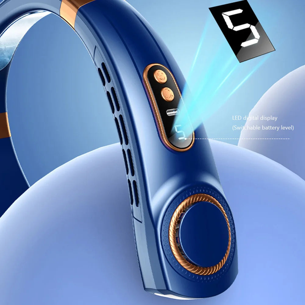 Bladeless Hanging Neck Fan Mute USB Small Cooling Fan LED Digital Display 5 Speeds Rechargeable Hands-free Cooler