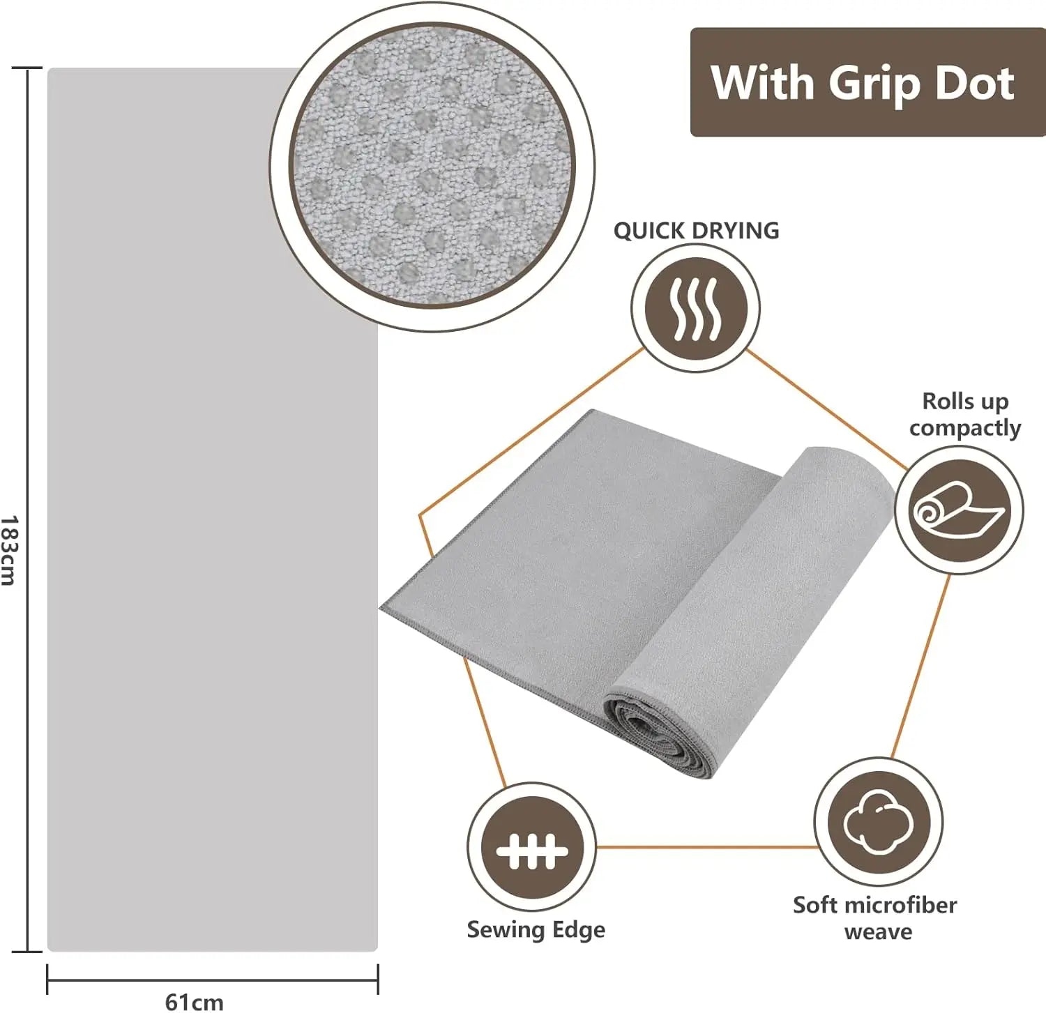Non-Slip Yoga Towel with Grip Dots, 72x24 Inches, Absorbent Microfiber