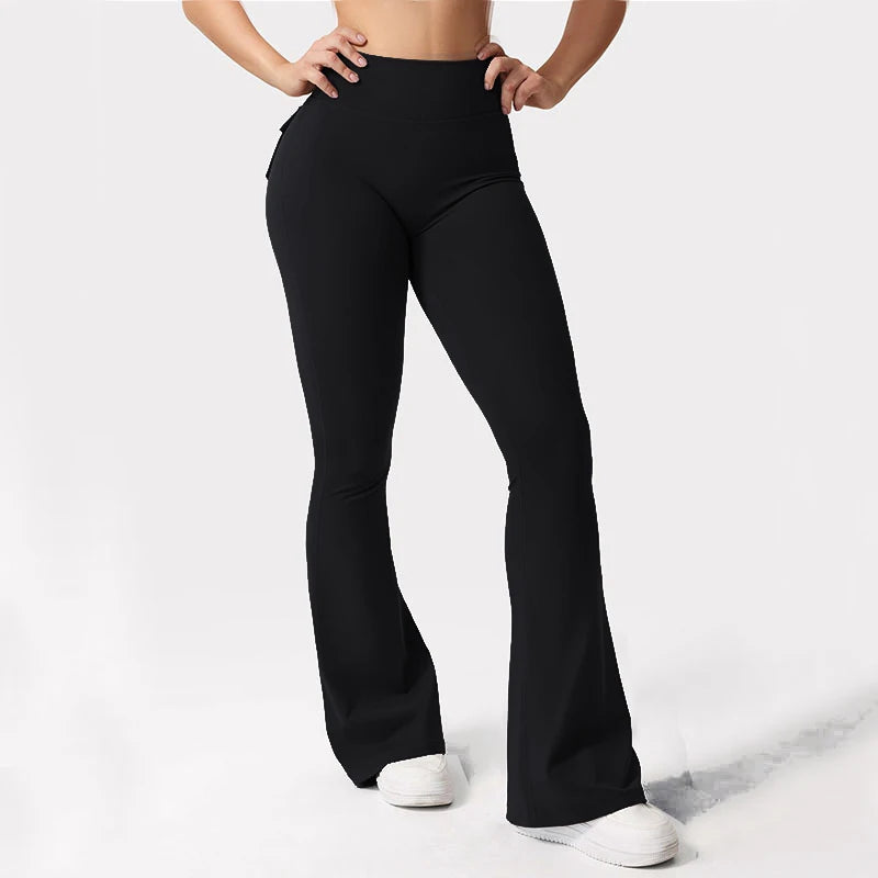 Women's Yoga Flare Trousers, High-Waisted Tummy-Control Outdoor Casual Leggings with Pockets,