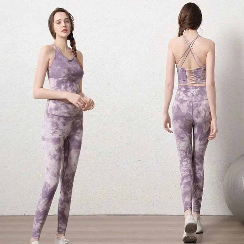 Women's High-Waist Hip-Lifting Seamless Yoga Sets Tie-Dye Workout Gym Leggings with Beauty Back Bra Suits