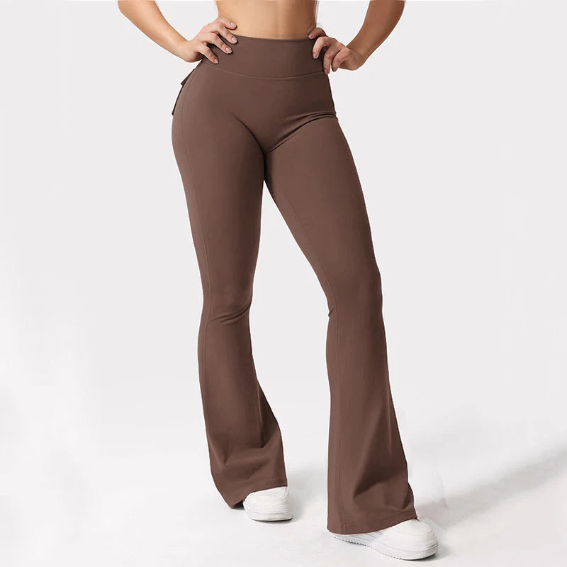 Women's Yoga Flare Trousers, High-Waisted Tummy-Control Outdoor Casual Leggings with Pockets,