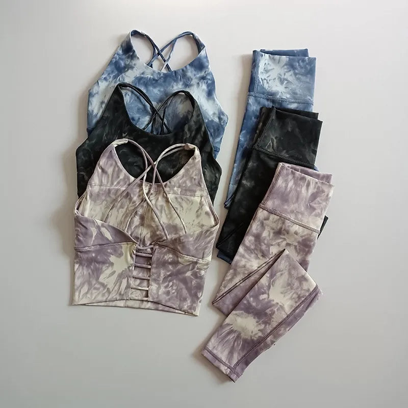Women's High-Waist Hip-Lifting Seamless Yoga Sets Tie-Dye Workout Gym Leggings with Beauty Back Bra Suits
