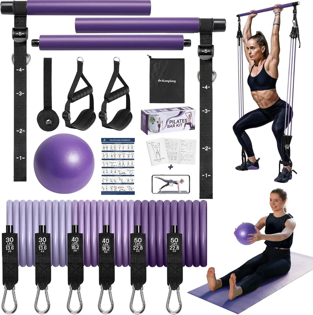 Adjustable Pilates Bar Kit with Resistance Bands for Home Gym, Full-Body Workout