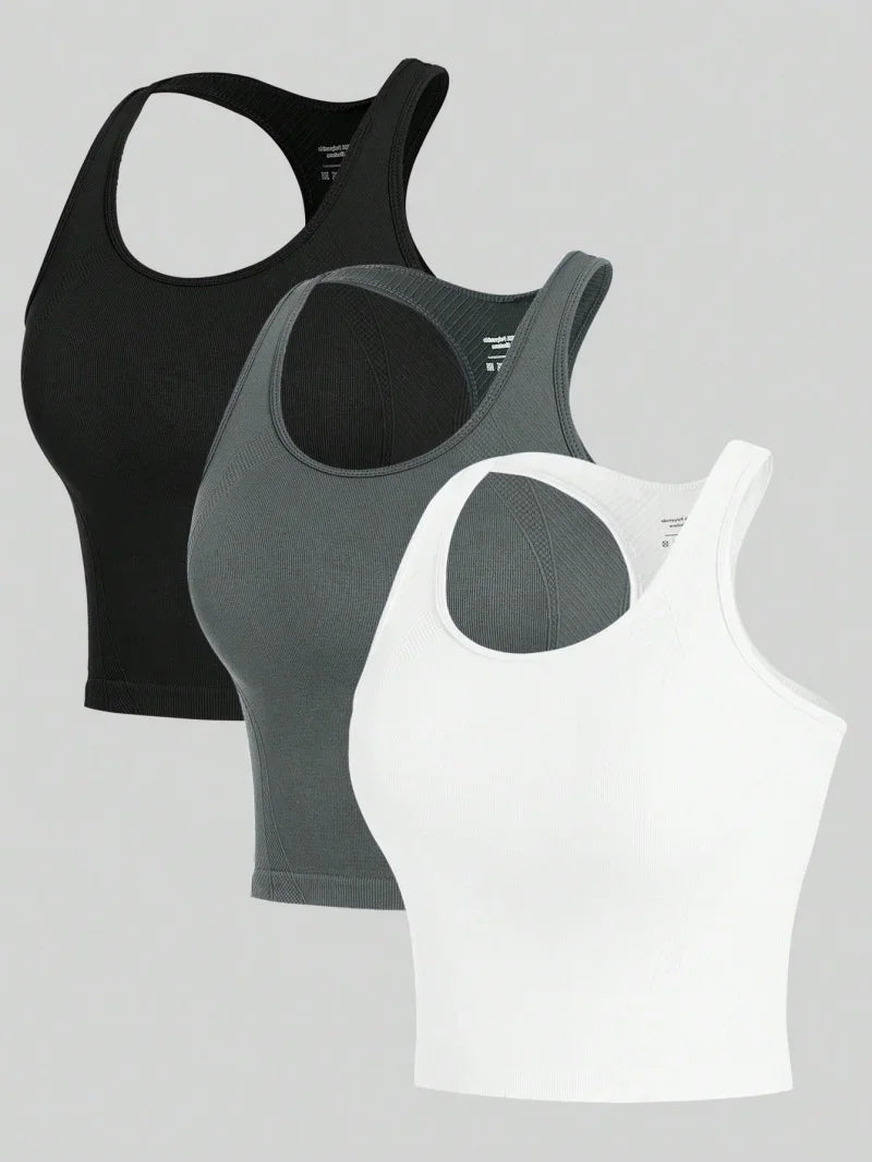 3 Piece Yoga  Crop Tops Seamless Streetwear Rib Knit Workout Breathable